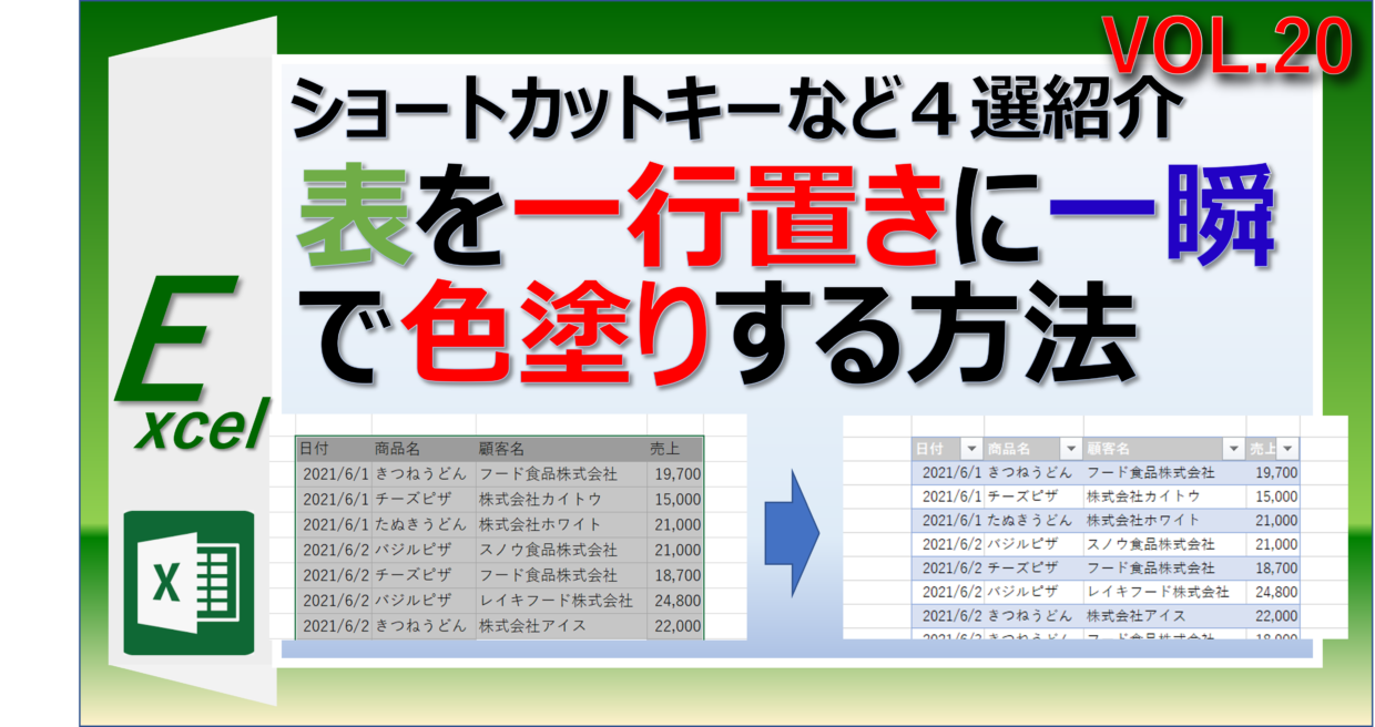 エクセルの表を１行おきに一瞬で色塗りする方法