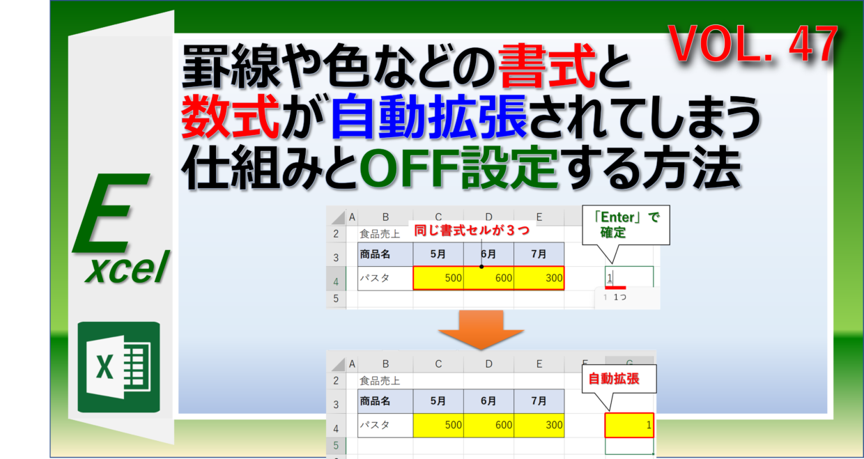 エクセルで罫線や色や数式などの書式が自動拡張される原因と対策