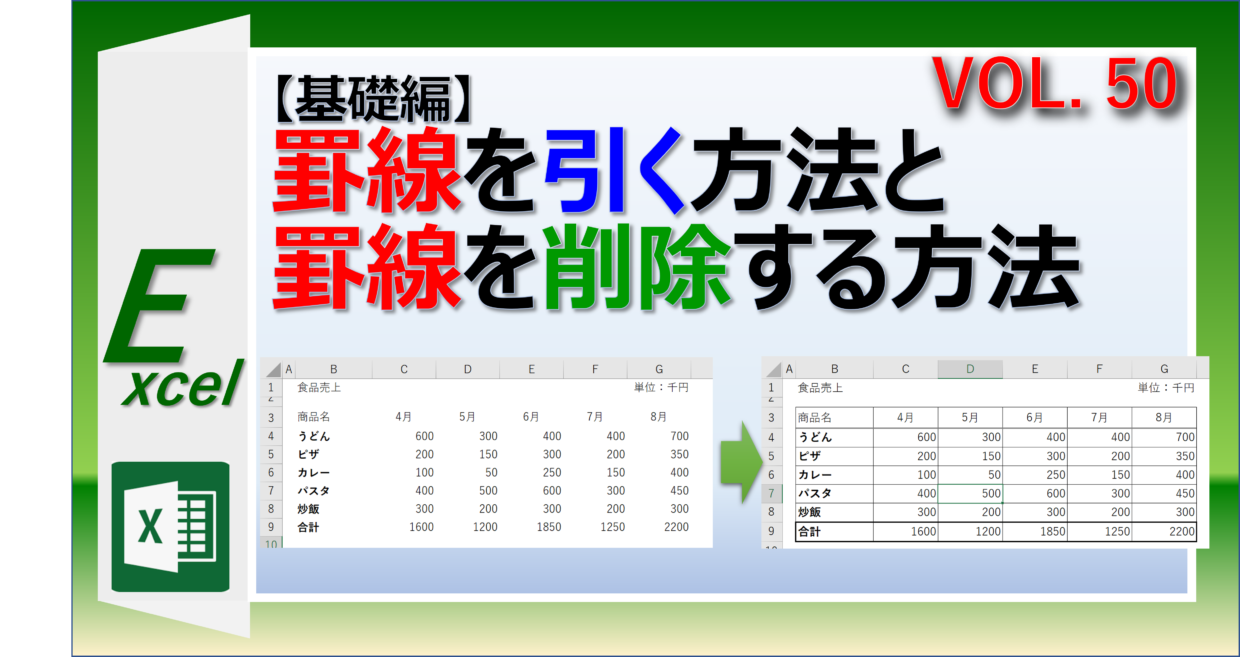 エクセルで自由自在に罫線を引く方法と削除する方法