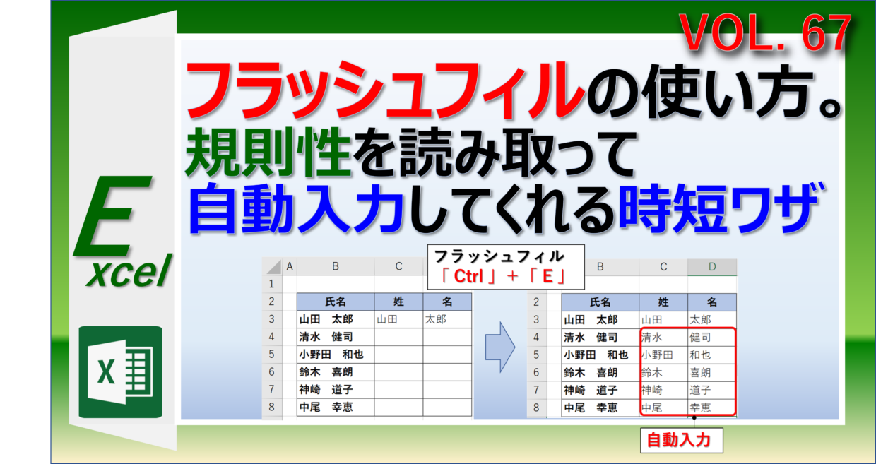 エクセルで規則性を読み取るフラッシュフィルの使い方を紹介