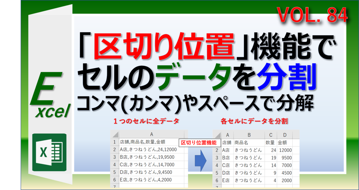 エクセルの区切り位置機能でセルのデータを列毎に分割する方法。コンマ(カンマ)やスペースで分解