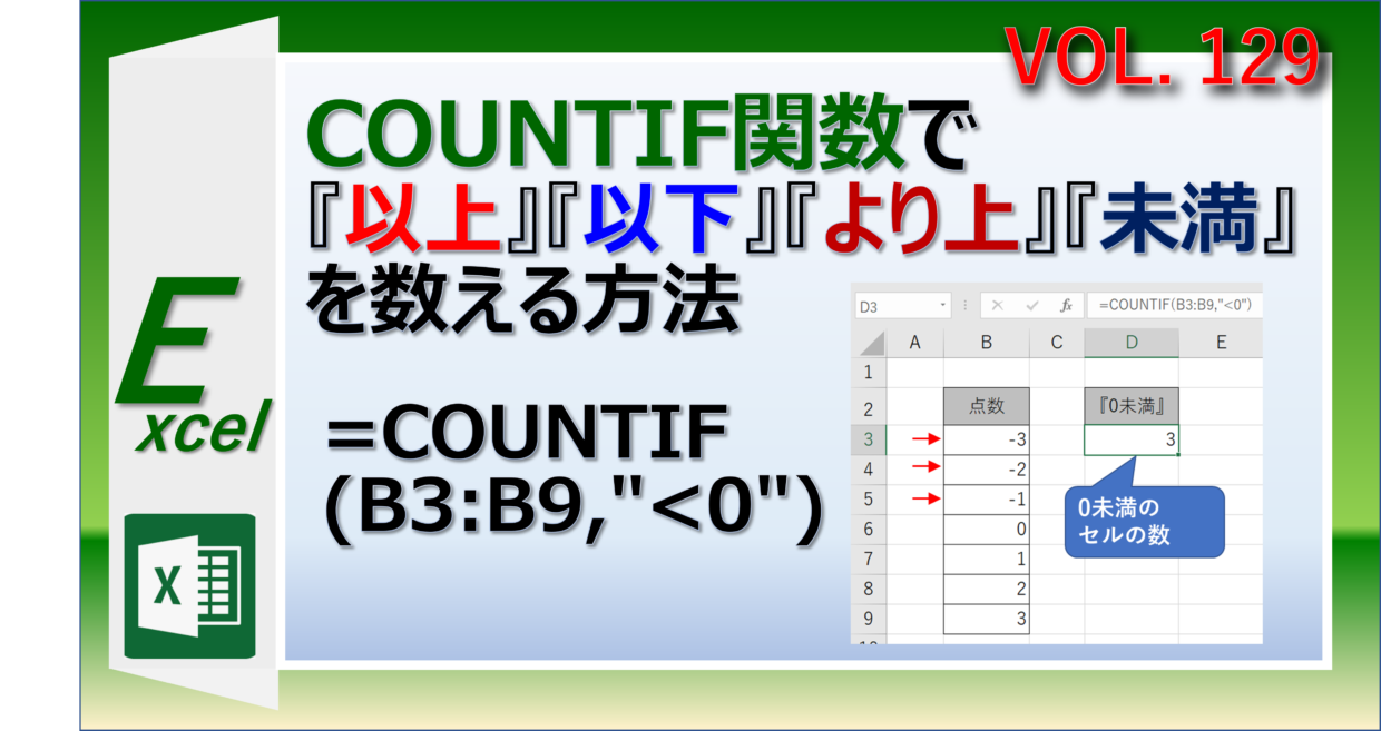 エクセルのCOUNTIF関数でセルの数を以上、以下、より上、未満、の検索条件でカウント