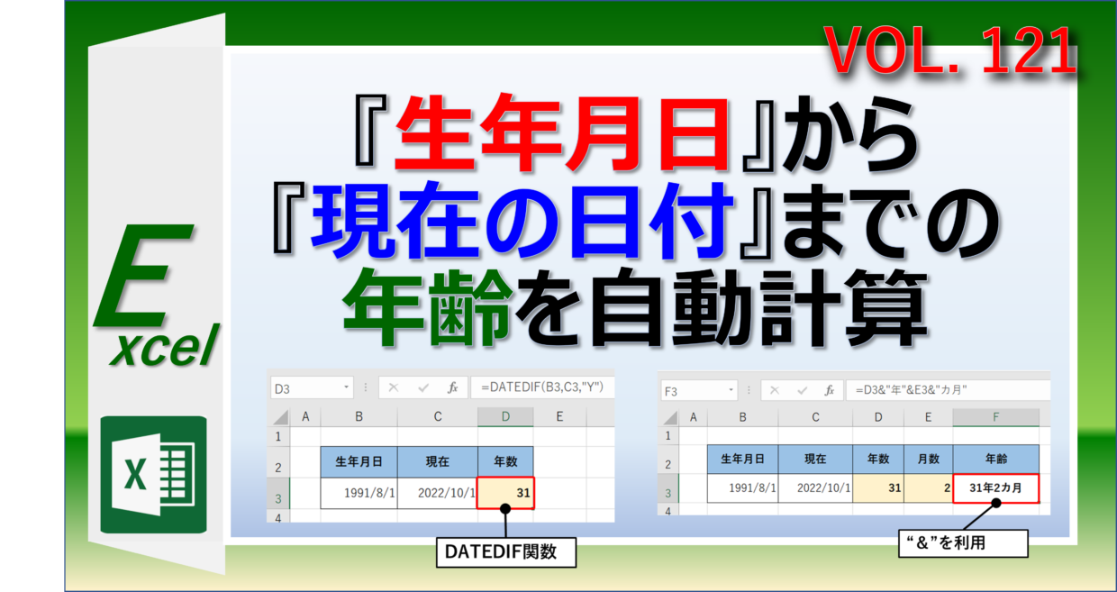 エクセルで生年月日から現在の年齢を自動計算するDATEDIF関数の使い方