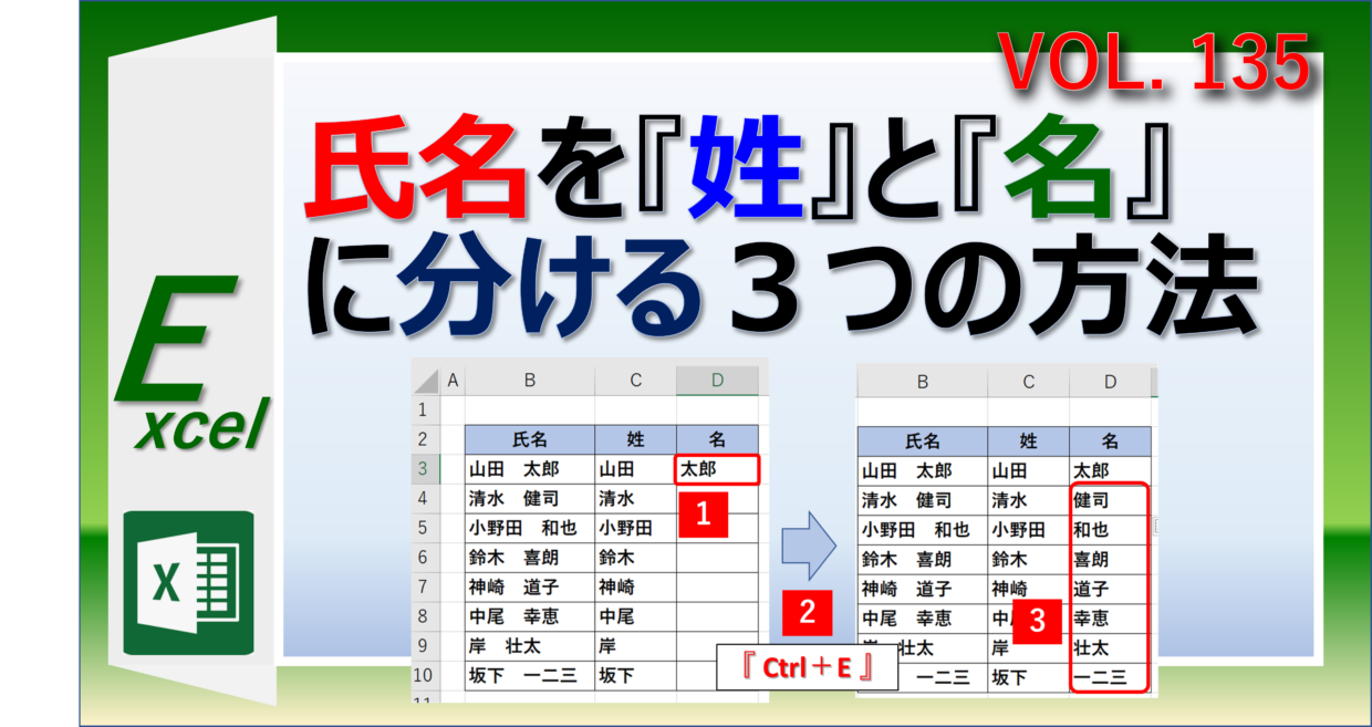 エクセルで氏名を姓と名に分ける方法