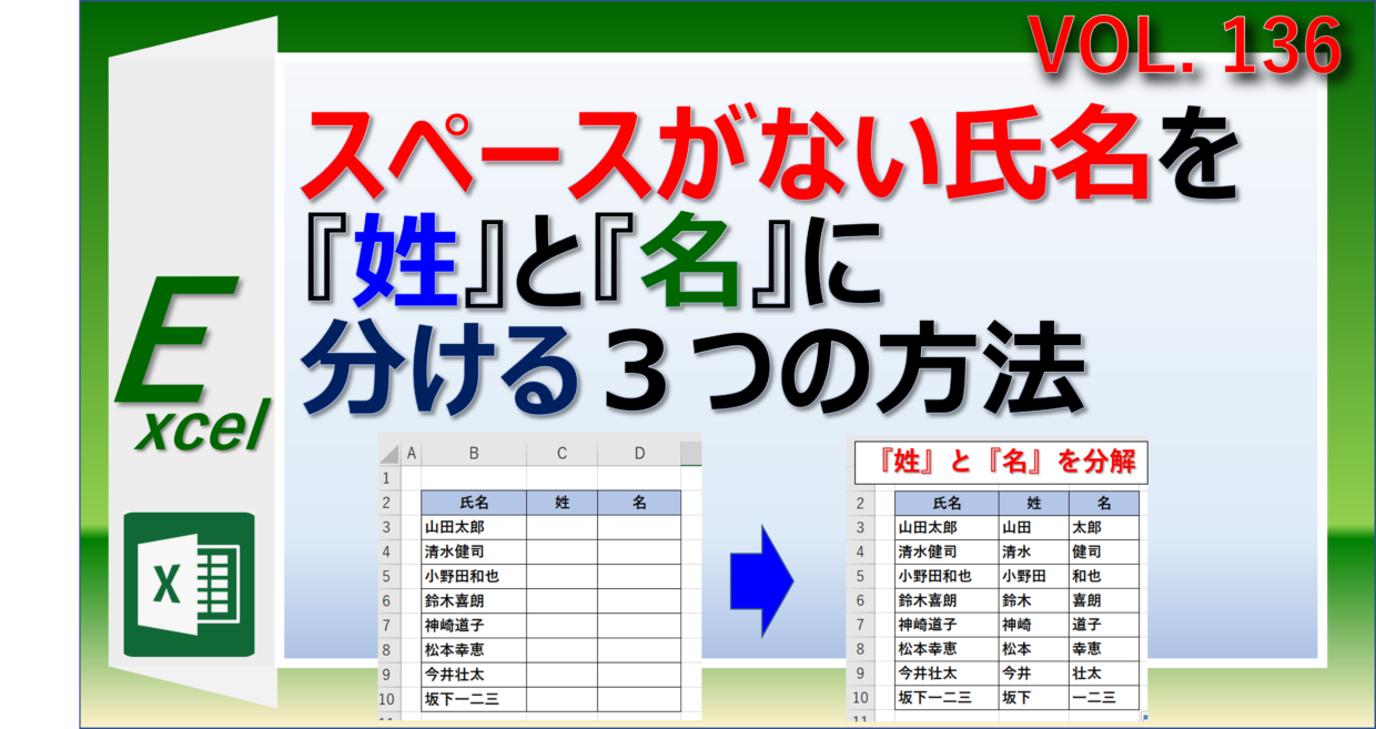 エクセルでスペースがない氏名を姓と名に分ける方法