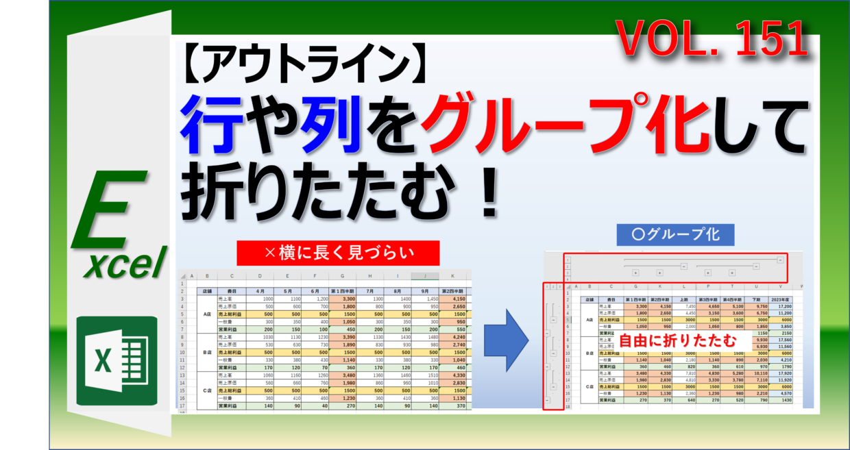 行や列をグループ化して非表示にするアウトラインの使い方の方法