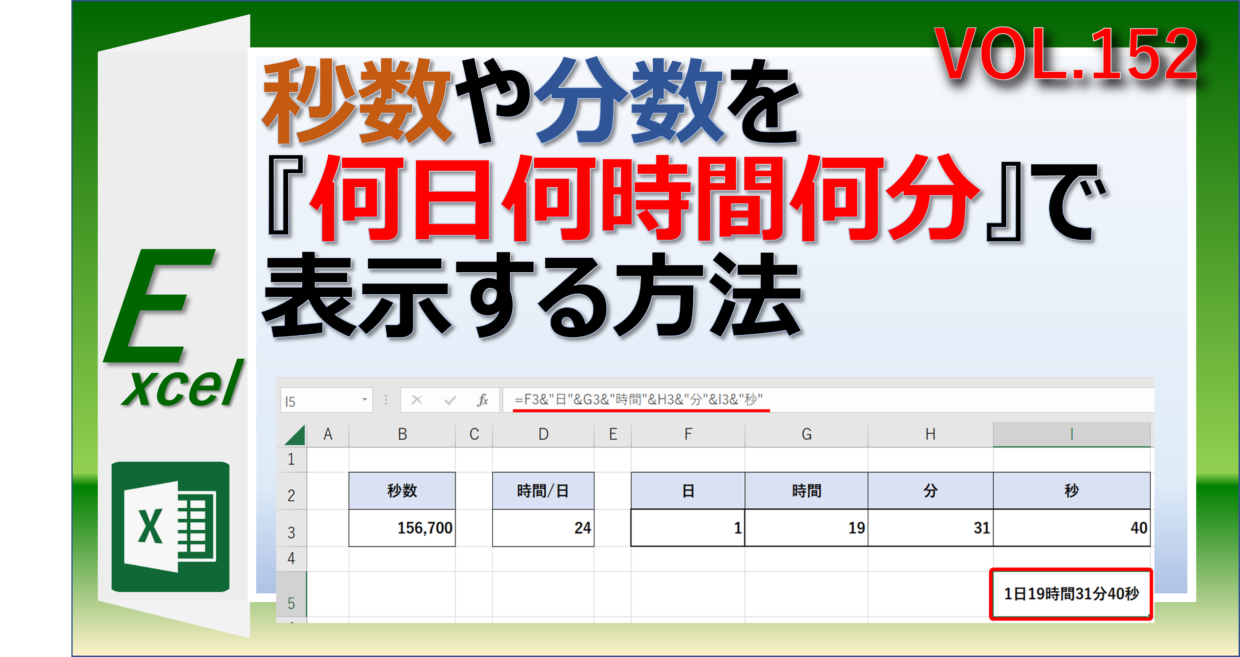 エクセルで秒数や分数を何日何時間何分で表示