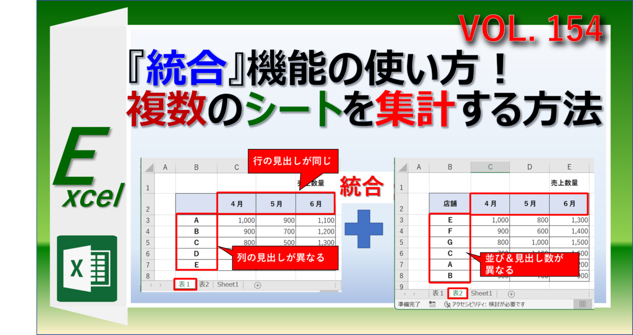 エクセルの統合機能の使い方。複数シートの表を集計