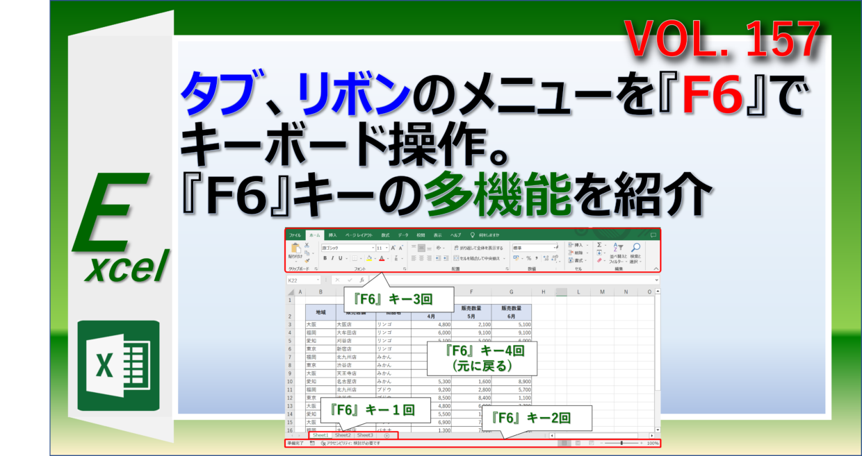 エクセルのタブ、リボンやシートをキーボードで操作する方法と『F6』キーの機能