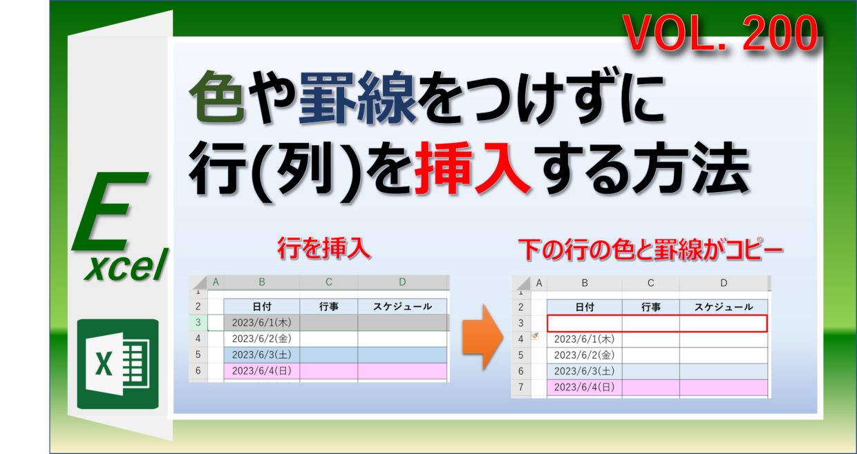 エクセルで行や列を挿入しても色や罫線を貼り付けない方法