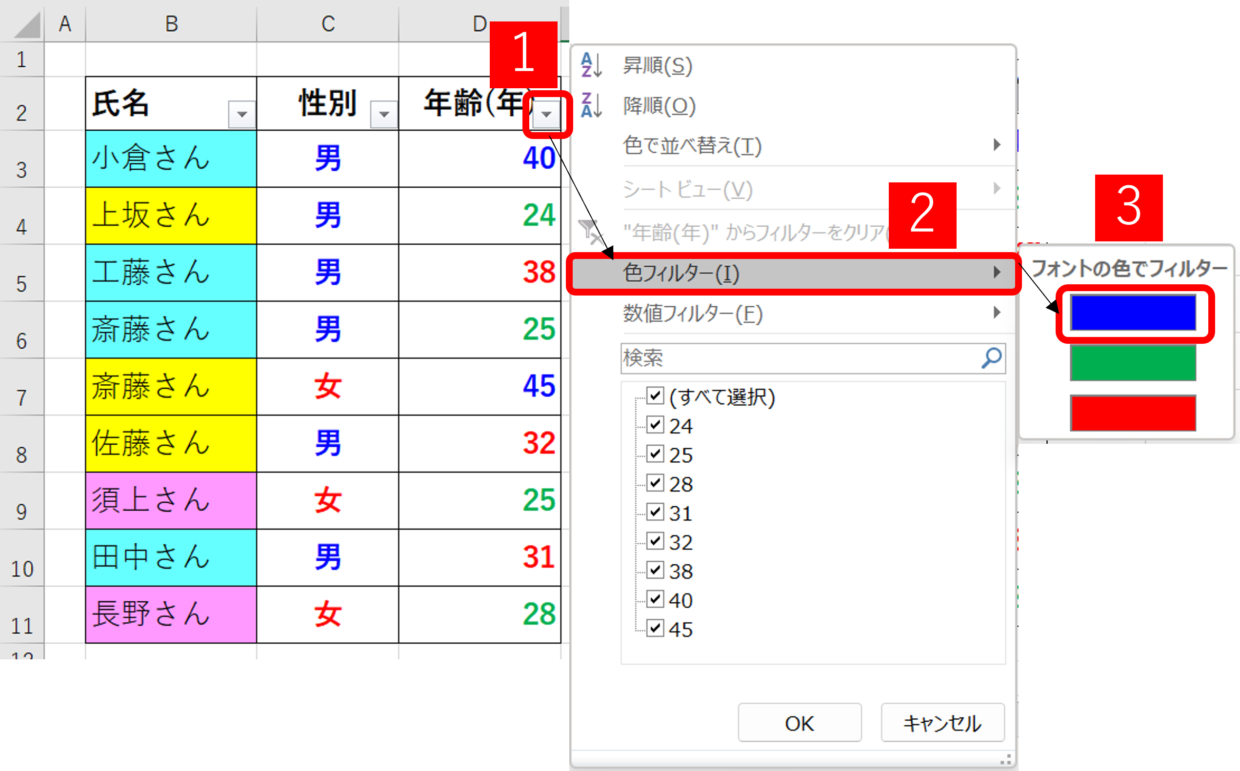 「色フィルター」からフォントの色を選択