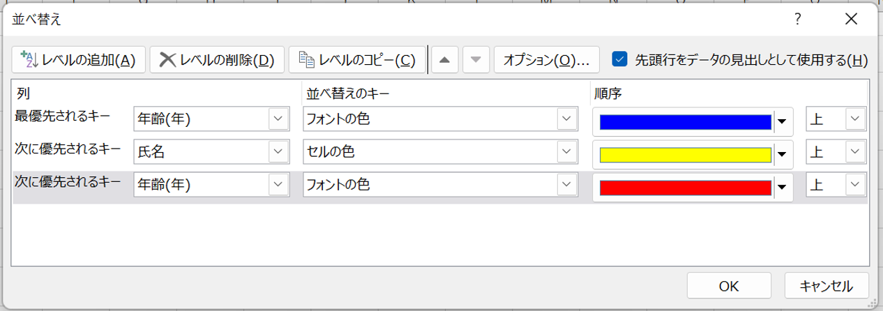 セルの色とフォントの色を自由に並べ替え