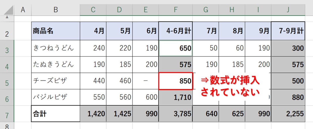 数式が挿入されていないセルを確認