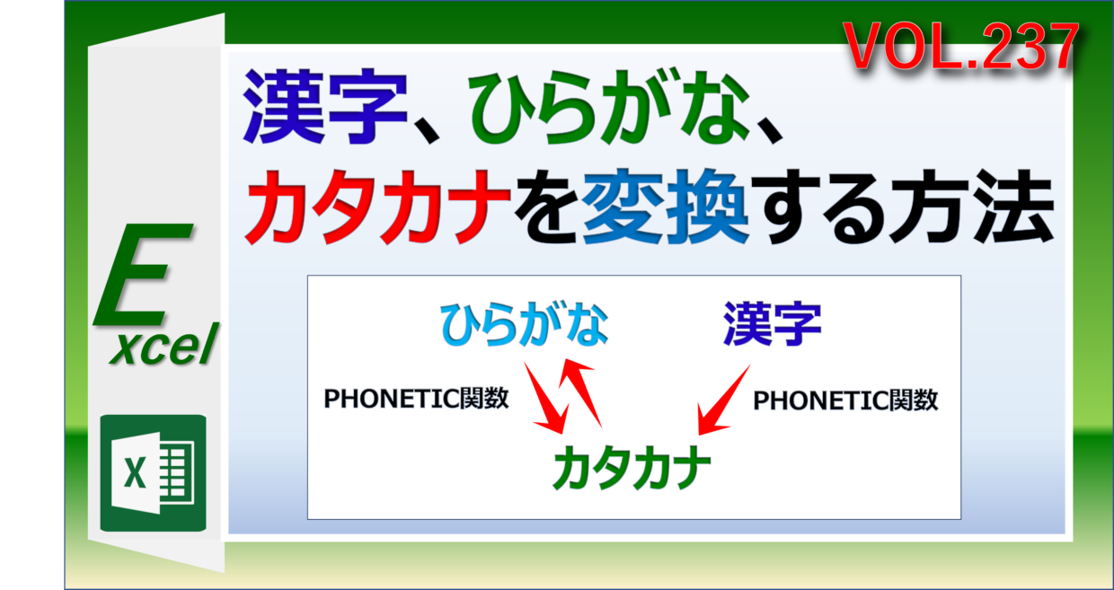 エクセルのPHONETIC関数を使ってひらがな、漢字、カタカナを変換する方法