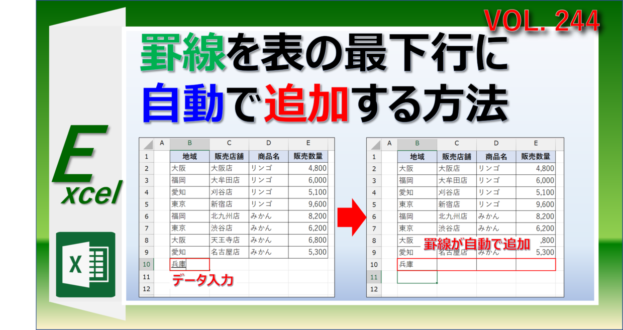 エクセルの表の最下行に罫線を自動で追加して引く方法