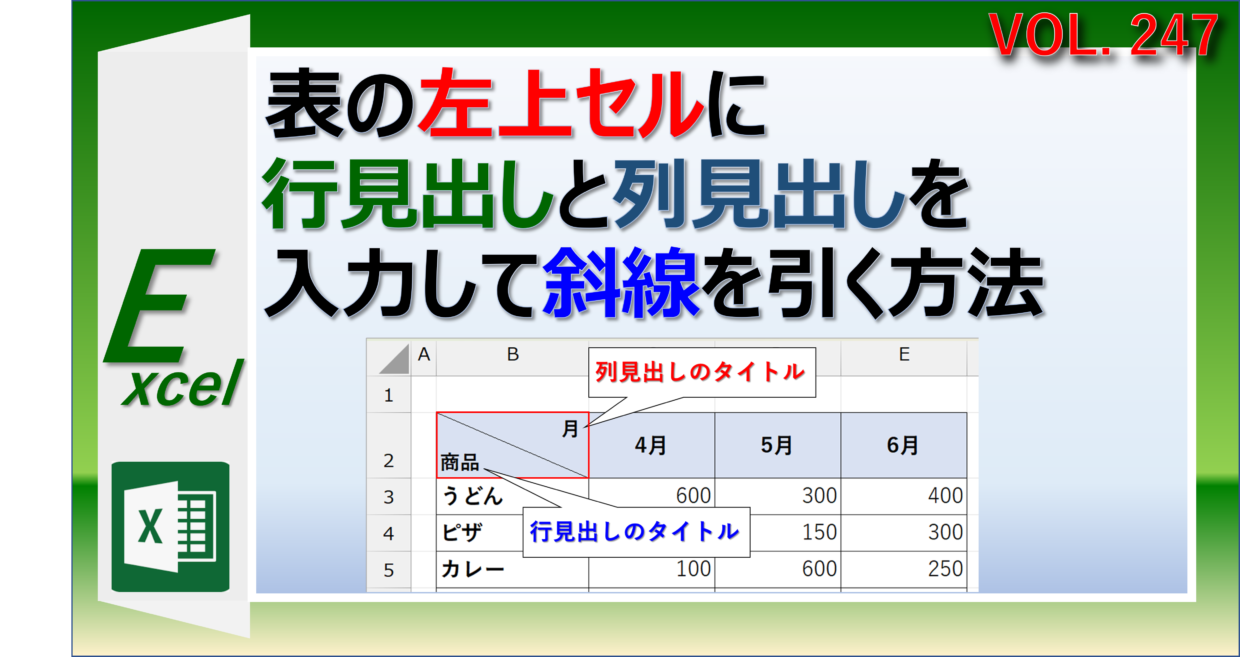 Excelの表の左上セルに行と列見出しを入力して斜線を引く方法