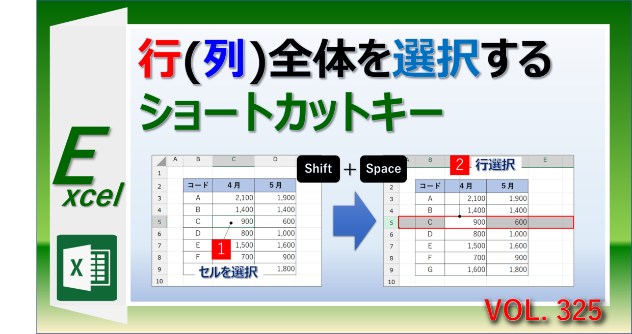 Excelで行全体や列全体を選択するショートカットキーの使い方
